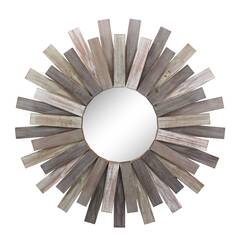 Stonebriar Large Round 31.3" Wooden Sunburst Hanging Wall Mirror with Attached Hanging Bracket