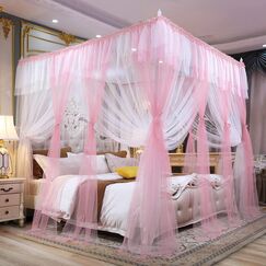 Joyreap Betthimmel mit 4 Ecken, Betthimmel, Bettvorh&auml;nge f&uuml;r Erwachsene &ndash; Rosa & Wei&szlig; &Ouml;ffnungen Moskitonetz niedliches Prinzessinnen-Stil Schlafzimmer Dekoration Zubeh&ouml;r (218,4 cm B x 198,1 L, King)