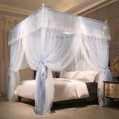 VETHIN Betthimmel mit 4 Ecken, R&uuml;schen, Prinzessinnen-Betthimmel, doppellagig, gem&uuml;tlich, Moskitonetz mit 4 &Ouml;ffnungen, f&uuml;r M&auml;dchen und Erwachsene, Schlafzimmer-Dekoration (grau/wei&szlig;, 198,1 x 218,4 x