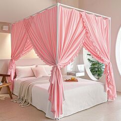 AIKASY Prinzessinnen-Betthimmel-Vorh&auml;nge mit B&auml;ndern oben &ndash; winddicht und lichtdicht f&uuml;r M&auml;dchen und Erwachsene, Schlafzimmer-Dekoration, Betthimmel-Vorh&auml;nge (Doppelbett, Rosa)