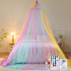 Obrecis Regenbogen-Betthimmel f&uuml;r M&auml;dchen, Prinzessinnen-Betthimmel, Bettvorh&auml;nge mit 24 Farben, Sternenlichter, Doppelbetthimmel, passend f&uuml;r Einzel-, Doppel-, Doppel-, Queen-Size-Kinderbetten