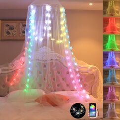 Comtelek Betthimmel mit Lichtern, Betthimmel mit RGB-Musik-Synchronisation, Farbwechsel, LED-Sternlichter mit App-Fernbedienung, Kuppel-Baldachin f&uuml;r Doppelbett, Queen-Size-Bett