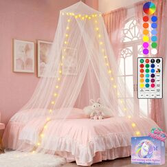 Betthimmel mit Sternenlichtern f&uuml;r M&auml;dchen-Schlafzimmer, 100 LEDs, Farbwechsel, rosa-violett, Prinzessinnen-Betthimmel, Bettvorh&auml;nge, Brautdusche, Doppelbett bis King-Size-Bett-Dekoration