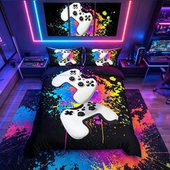 Teens Gamepad Bedding Set Kids Modern Gamer Comforter Cover Boys Girls Video Game Controller Duvet Cover Gaming Console Bedspread Cover Double Size 3Pcs Watercolor Tie Dye Bedroom Decor Zipper