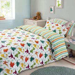 Dreamscene Dinosaurier-Bettbezug mit Kissenbezug, Bettw&auml;sche-Set f&uuml;r Jungen und M&auml;dchen, Dino, wendbar, gestreift, Gr&uuml;n-Wei&szlig; &ndash; Junior-/Kinderbettgr&ouml;&szlig;e
