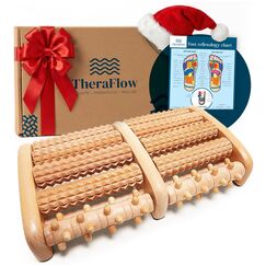 TheraFlow Fußmassageroller Holz - Plantarfasziitis Fußmassagegerät für Akupressur- & Reflexzonenmassage, Fersensporn Massagegerät, Geschenke für Frauen & Geschenke für Männer (inkl. Reflexzonenkarte)