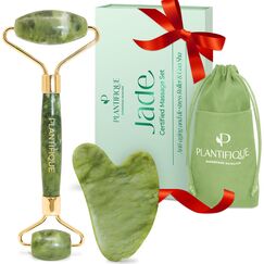 PLANTIFIQUE Jade Gesichtsroller und Gua Sha Stein Set - Natürliches Jade Face Roller & Guasha für Lymphdrainage und Massage Gesicht, Augenroller - Gesichtsmassage Roller