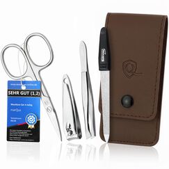 marQus Maniküre Set 4 teilig praktisch und kompakt- mit Feile aus Solingen, das praktische Nagelpflegeset für alle Fälle und Taschen, Reise Nageletui Farbe: Braun