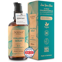 Bio Hyaluron Serum Hochdosiert - Beste Hyaluronsäure (Oligo) - 8-Fach Anti-Falten-Komplex- Mit 4 Hyalurongrößen - Frei von Alkohol & Parfüm 100ml - Hyaluronsäure Serum Made in Germany.