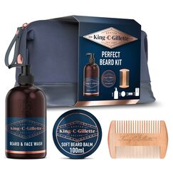 King C. Gillette Geschenkset Bartpflege Essentials: 350 ml Waschgel für Bart- und Gesichtpflege + 100 ml Bartbalsam für einen geschmeidigen Bart + Premium-Bartkamm + Kulturbeutel, Geschenk für Männer