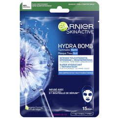 Garnier Tuchmaske Nacht, Gesichtsmaske für müde und empfindliche Haut, Regenerierend und feuchtigkeitsspendend, Mit Hyaluronsäure, Tiefesswasser und Kornblumen-Extrakt, Hydra Bomb, 28 g