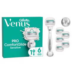 Gillette Venus Pro ComfortGlide Sensitive Damenrasierer — Nassrasierer mit einem Hauch von Aloe Vera, Inkl. 6 Ersatzklingen, Langlebiges Metallhandstück und Duschhalterung