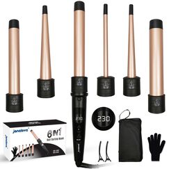 9-32mm Lockenstab mit Verschiedenen Aufsätzen - janelove 6 in 1 Lockenstab für Große Locken und Kleine Locken, 80°C-230°C Lockenstäb set für Kurze Haare mit Handschuhe & Nylontasche (Gold)