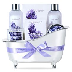 BODY & EARTH Lavendel Wellness Set für Frauen 7 tlg, Beauty Set, Badeset Frauen Geschenk, Geburtstagsgeschenk für Mama, Freundin Geschenkbox Weihnachtsgeschenke
