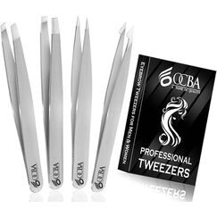OCBA Silberfarbene Pinzette für Gesichtshaar, Damen und Herren, für präzise Pflege der Augenbrauen, professionelle Augenbrauen-Pinzette aus Edelstahl, schwarz beschichtet (4 Stück Silber)