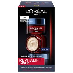 L'Oréal Paris Gesichtspflege Set, Anti-Aging Tagespflege und Nachtpflege mit 3-fach Wirkung - mit Pro-Retinol, Hyaluron und Vitamin C, Revitalift Laser, 2 x 50 ml