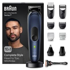 Braun All-In-One Trimmer-Set 7, 10-in-1 Multigroom, Barttrimmer, Nasenhaartrimmer, Haarschneidemaschine für Gesicht, Kopf und Körper, 100 Min. Akku, 14 Längen (3–21 mm), Wasserdicht, MGK7410, Blau