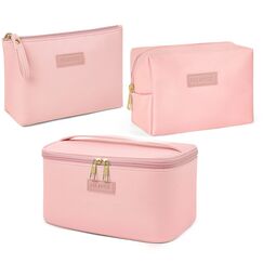 MAANGE 3 Stück Kosmetiktasche (L+M+S), Groß Schminktasche für Damen PU Leder Reise Kosmetiktaschen Kleine Make Up Tasche für Handtasche mit Fächern, Rosa