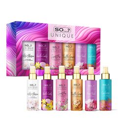 So…? Unique Grande Mini Mist Damen-Geschenkset mit Vanille-Süßigkeiten, Zuckerwicke, Trüffelcreme, Kaschmir, Pfingstrosen-Rouge und weißer Blüte, Body Mist Duftspray-Set (6 x 50 ml)