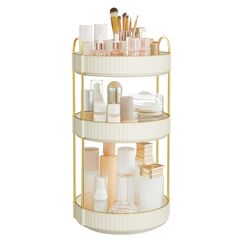 SONGMICS Make-up Organizer drehbar, Kosmetik-Organizer rund, 3 Ebenen, Kosmetik Aufbewahrung, anpassbar, für Schminktisch, Geschenkidee, wolkenweiß JKA011W01