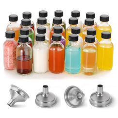 DIDITIME Kleine transparente Glasflaschen mit Deckel und 4 Trichtern – 60 ml Boston runde Probenflaschen für Trank, Saft, Ingwer, Shots, Öle, Whiskey, Wellness-Shots, Mini-Reiseflaschen, 24 Stück