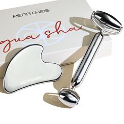 Rena Chris Gua Sha und Edelstahl Gesichtsroller, Manuelles Gesichtsmassagegerät und GuaSha Werkzeug, Jawline formen und Schwellungen reduzieren, Hautpflege Geschenk (Silber)