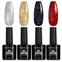 TOMICCA UV Nagellack Glitzer Set, 4 Farben Rot Weiß Schwarz Glitter Gel, Soak-Off UV/LED Schellack für Nagelstudio und DIY Maniküre zu Hause, 8ML