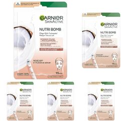 Garnier Tuchmaske, Gesichtsmaske für trockene und müde Haut, Intensive Pflege und Revitalisierung, Vegane Formel mit Kokosmilch und Hyaluronsäure, Nutri Bomb, 28 g (Packung mit 5)