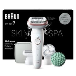 Braun Silk-épil 9 SkinSpa All-in-One Set, Epilierer Damen / Haarentferner für langanhaltende Haarentfernung, Ladyshaverer, Rasieraufsatz, Massageaufsatz, 9-080, Weiß/Rosa