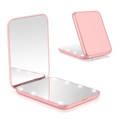 WOBSION LED Spiegel mit 1X / 3X Vergrößerung,Kleiner Reisespiegel mit Licht für Beleuchtung,Batteriebetrieben Taschenspiegel für Reise und Makeup,Tragbarer Handspiegel als Geschenk,Rosengold