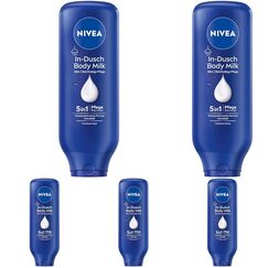 NIVEA In-Dusch Body Milk (400 ml), Körpercreme mit Mandel-Öl und wasseraktivierter 5in1 Pflege Formel, feuchtigkeitsspendende Body Lotion für die Dusche (Packung mit 5)