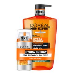 L'Oréal Men Expert Aufwach-Kick Pflegeset für Männer, Mit XXXL Duschgel und XXL Gesichtscreme, Set für Herren mit Taurin und Vitamin C, Hydra Energy, 2-teilig