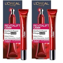 L'Oréal Paris Augenpflege, Revitalift Laser X3, Anti-Aging Augencreme mit 3-fach Wirkung, Hyaluronsäure, 15 ml (Packung mit 2)