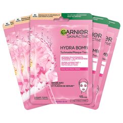 Garnier Tuchmaskenset Sakura fürs Gesicht bei fahler Haut, Feuchtigkeit und Glow, Mit Hyaluronsäure und Sakura, SkinActive, Hydra Bomb Sakura, 5x 28g