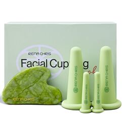 Rena Chris Gesichts-Schröpfen Set & Gua Sha Werkzeug - Silikon Schröpfgläser & Jade Gua Sha Stein für natürliche Hautpflege und Lippenaufpolsterung (Grün)