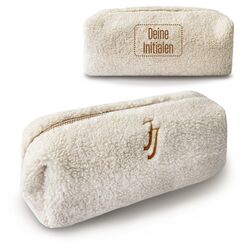 Teddy Kosmetiktasche mit Initialen Bestickt - Personalisierte Plüsch Schminktasche ideal als Organizer für die Handtasche (Beige)