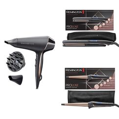 Remington Haarstylingset ProLuxe Midnight Black (OPTIheat-Technologie für schonendes Styling): Haartrockner Profi Ionen AC9140B + Glätteisen 9100B + Lockenstab CI91W1B