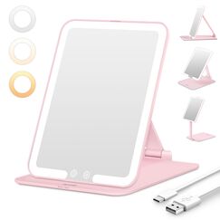 Auxmir Kosmetikspiegel mit Beleuchtung, USB Wiederaufladbar Schminkspiegel, Faltbar Spiegel Reisespiegel mit 3 Lichtfarben für Zuhause Reise, Rosa