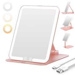 Auxmir Kosmetikspiegel mit Beleuchtung, USB Wiederaufladbar Schminkspiegel, Faltbar Spiegel Reisespiegel mit 3 Lichtfarben für Zuhause Reise, Rosagold