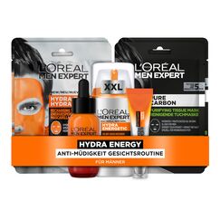L'Oréal Men Expert Pflegeset gegen müde Haut für Männer, Mit XXL Gesichtscreme, Gesichtsserum, Augen Roll-On und 4x Tuchmasken, Set für Herren mit Vitamin C, Hydra Energy, 4-teilig
