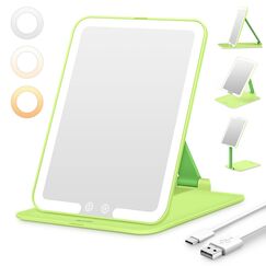 Auxmir Kosmetikspiegel mit Beleuchtung, Ultra Dünn Schminkspiegel mit 3 Lichtfarben, LED Spiegel mit Beleuchtung, USB Wiederaufladbar Tischspiegel Reisespiegel für Schminktisch, Reise, Grün