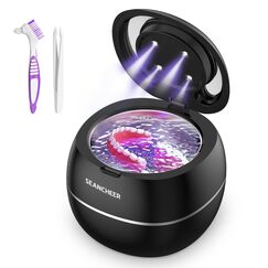 Ultraschallreinigungsgerät 48000Hz Ultraschallreiniger | 24W | 180ML | Ultrasonic Cleaner mit UV Lampe Ultraschallbad für | Zahnersatz | Retainer | Aligner | Prothesen | Zahnschiene | Schmuck |Schwarz