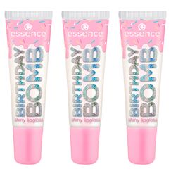 essence BIRTHDAY BOMB shiny lipgloss, Nr. 01, Transparent, natürlich, glänzend, strahlend frisch, schimmernd, vegan, ohne Parabene, ohne Mikroplastikpartikel, Nanopartikel frei, 3er Pack (3x10ml)
