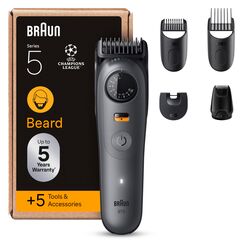 Braun Barttrimmer Series 5, Elektrischer Bartschneider Herren mit 5 Zubehörteile, Ultrascharfe ProBlade Klinge, 120 Min Akkulaufzeit, Kabelloser Bartrasierer, 40 Längen, Wasserdicht, BT5525, Grau