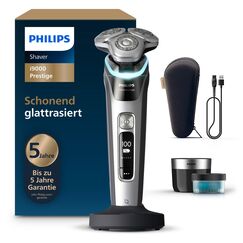 Philips Rasierer i9000 Prestige, Nass- und Trockenrasierer für Männer mit integriertem Trimmer, grau-silber, Drucksensor, Reinigungsstation, Ladestation und Reiseetui (Modell XP9205/30)
