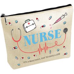 CREATCABIN Canvas Taschen Aufbewahrungstasche Für Krankenschwestern Große Kapazität Kosmetiktasche Make Up Tools Organizer Reißverschlusstasche Für Frauen Geschenk Zum Krankenschwestertag Blau 25x18cm