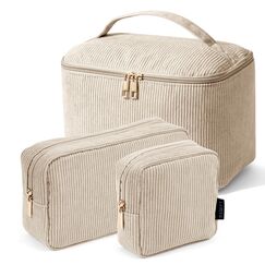 MAGEFY 3er Set Kosmetiktasche Kulturtasche Damen, Cord Make up Tasche mit Fächern Reise Make up Tasche für Frauen (Beige)