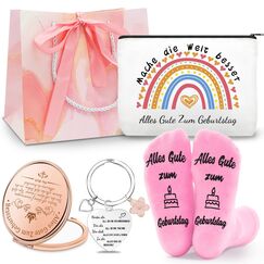 Shining She Geburtstagsgeschenk für Frauen Mädchen mit Kosmetiktasche Schlüsselanhänger Rosa Socken Kosmetikspiegel, Ohne Alter Geburtstag Geschenke für Mutter Tochter Schwester Freund
