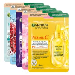 Garnier SkinActive Tuchmasken Set, Tuchmasken für das Gesicht, Feuchtigkeitsspendende Gesichtsmasken, Erfrischend, Revitalisierend, Glättend, Sanft strahlend, Glow boostend, 5 Stück