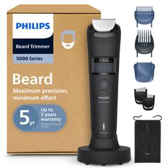 Philips Bartschneider 5000er-Serie – selbstschärfende Metallklingen, 40 Längeneinstellungen, BeardSense-Technologie, Haarkollektor, 100% wasserdicht, Übergangskamm, Reiseetui, Modell BT5785/30